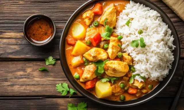 Kurczak w sosie curry z ryżem i warzywami. Idealne danie z 7 pomysłów na obiad.