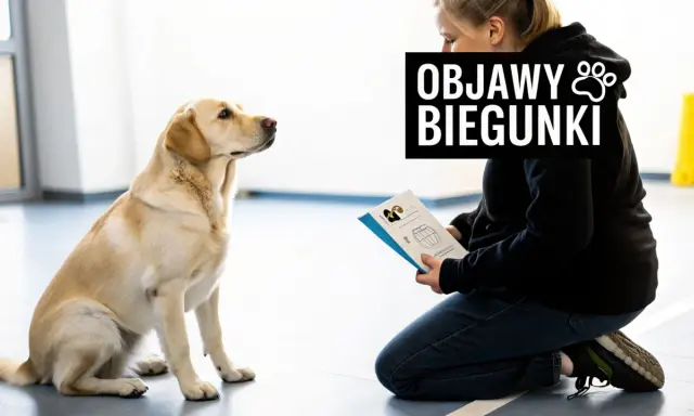 Labrador siedzi, patrząc na kobietę czytającą broszurę o objawach biegunki u psa.