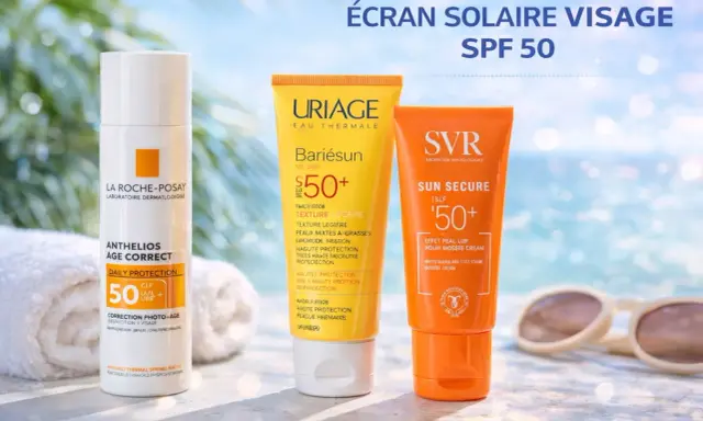 Crème solaire visage tous les jours : La Roche-Posay, Uriage et SVR SPF 50. Protection quotidienne pour une peau éclatante.