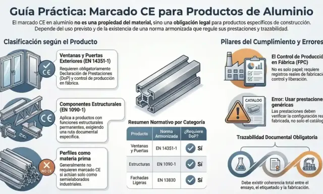 Guía sobre el marcado CE para aluminio: ventanas, estructuras y perfiles. Detalla requisitos y normas.