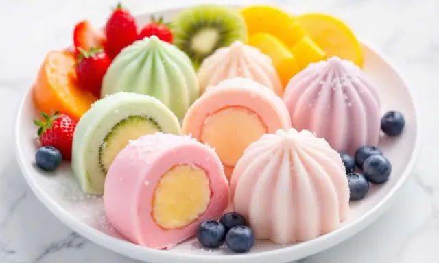 Assortiment coloré de mochis glacés aux fruits, parfaits pour une recette mochi glacé facile et gourmande. Fraises, kiwis, mangues et myrtilles accompagnent ces délices.