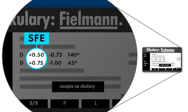 Recepta okularowa z soczewkami korygującymi wadę wzroku plus i minus jednocześnie: D +0.50, -0.75, 140° oraz D +0.75, -1.00, 45°.