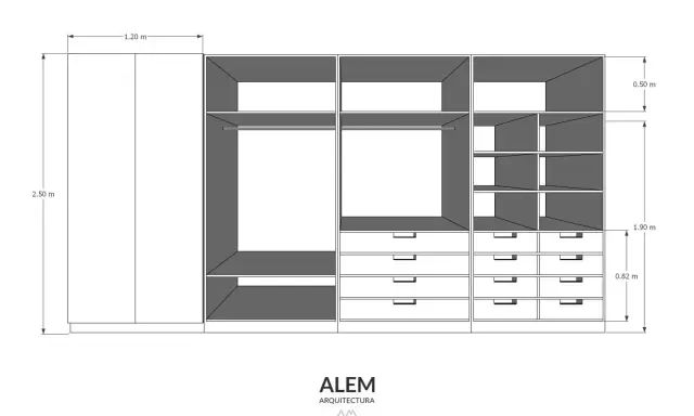 Plano de armario modular de 2.50 m de alto y 1.20 m de ancho, con compartimentos para colgar y cajones.