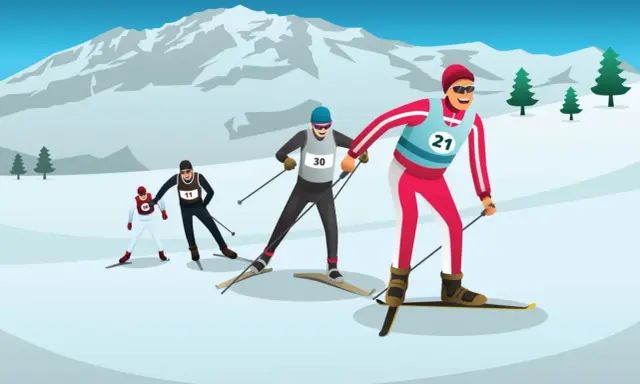 Tävlande i en **arctic circle race** kämpar sig fram i snön, med snöklädda berg och granar i bakgrunden.
