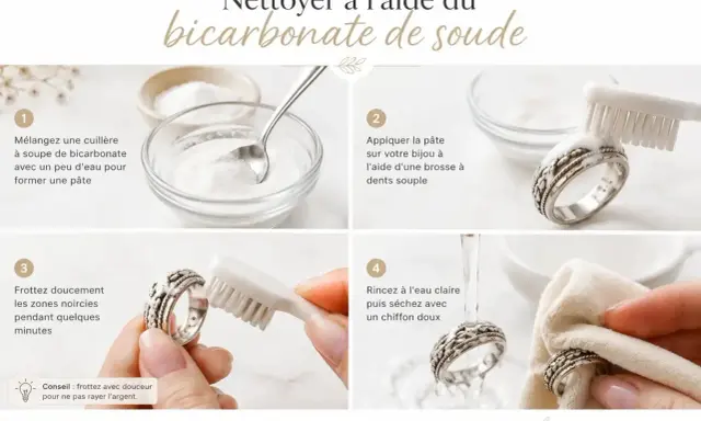 Guide pour nettoyer l'argent avec du bicarbonate de soude : mélange, application, brossage doux, rinçage et séchage pour redonner éclat.