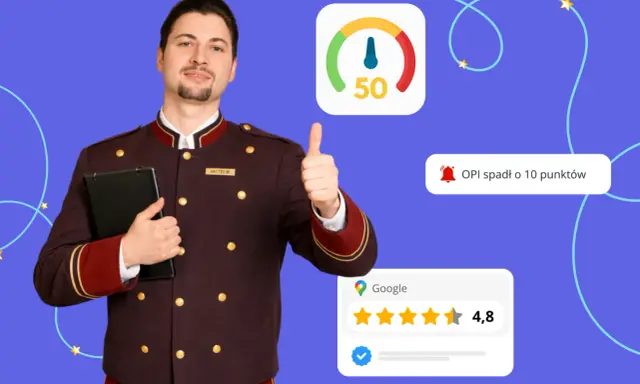 Uśmiechnięty pracownik hotelu z tabletem, kciukiem w górę, pokazuje wyniki monitoringu internetu: wskaźnik 50, spadek OPI o 10 punktów i ocenę Google 4,8.