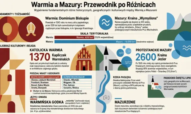 Mapa przedstawia różnice między Warmią a Mazurami, pokazując ich historię, kulturę i krajobraz. Gdzie są Mazury? Na północnym wschodzie Polski, krainę jezior.