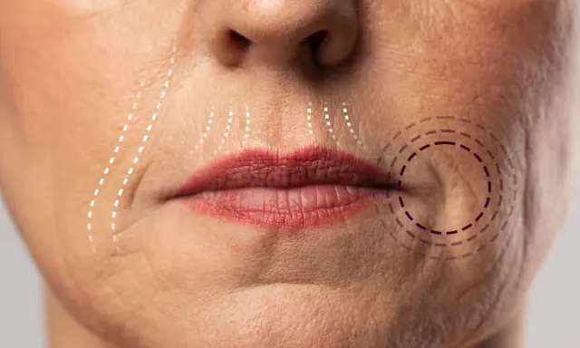 Primo piano del volto di una donna con linee tratteggiate che indicano le aree interessate da rughe naso labiali, suggerendo come eliminare le rughe naso labiali.