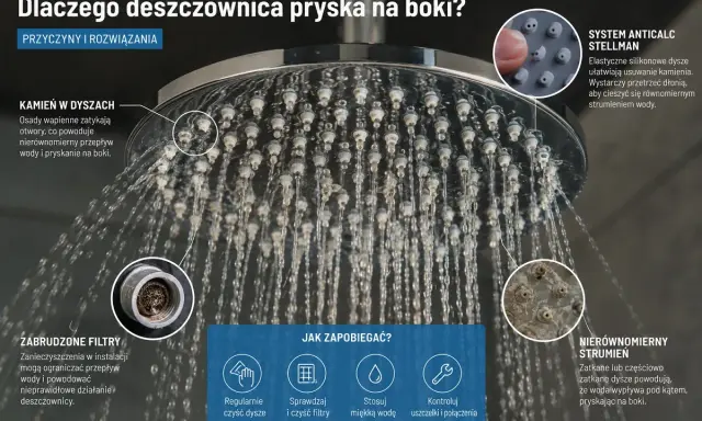 Jak odkamienić deszczownicę? Kamień w dyszach i zabrudzone filtry powodują nierównomierny strumień. Regularnie czyść dysze i filtry, by cieszyć się idealnym prysznicem.