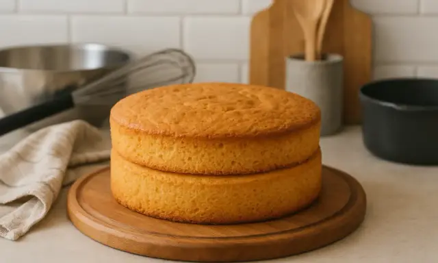 Deux disques de génoise moelleuse, prêts pour une recette gourmande. Ustensiles de pâtisserie en arrière-plan.