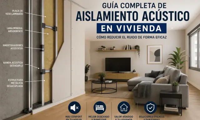 Detalle de materiales acústicos en una pared: lana mineral, amortiguadores y estructura metálica. Guía de aislamiento en vivienda.