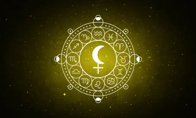 Obracający się symbol Lilith w Wodniku, otoczony znakami zodiaku i fazami księżyca, na tle gwieździstego nieba.