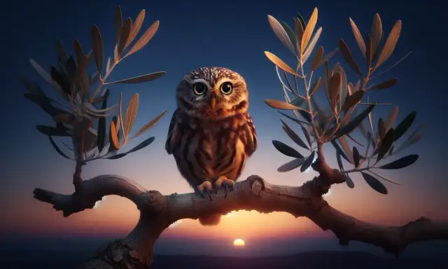 Un piccolo assiuolo, con occhi grandi e curiosi, siede su un ramo al tramonto. L'analisi della sua posa suggerisce tranquillità.