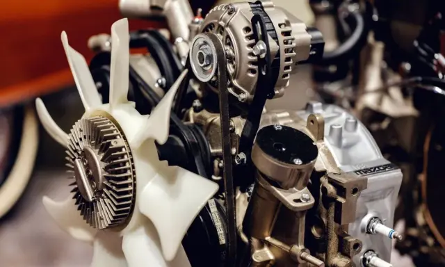 Motor de coche con ventilador y alternador. Imagina el **ruido ventilador coche apagado** antes de arrancar.
