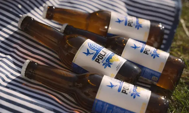 Butelki piwa POLAN z napisem "BEZALKOHOLOWE" leżą na kocu w paski. To piwo ma 0 alkoholu, idealne na upalne dni.