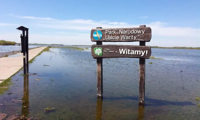 Witaj w polskim parku narodowym Ujście Warty! Droga zalana wodą, a obok tablica powitalna.