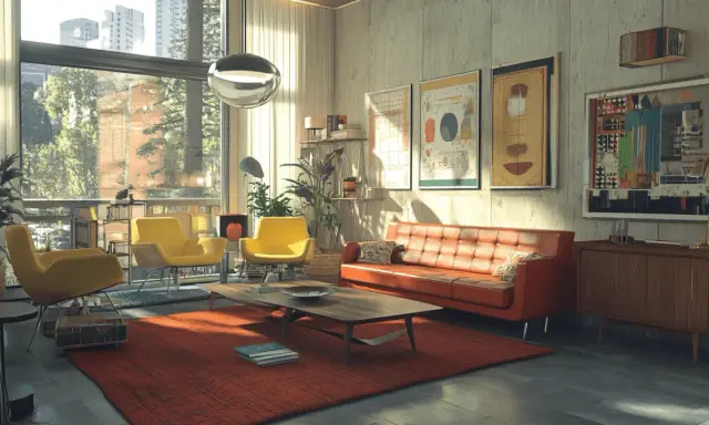 Gemütliches Wohnzimmer im Midcentury Stil mit orangefarbenem Sofa, gelben Sesseln und einem Holztisch.