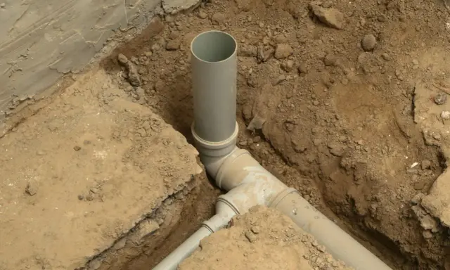 System kanalizacji w domu w trakcie budowy. Szare rury PVC połączone w wykopie ziemnym.