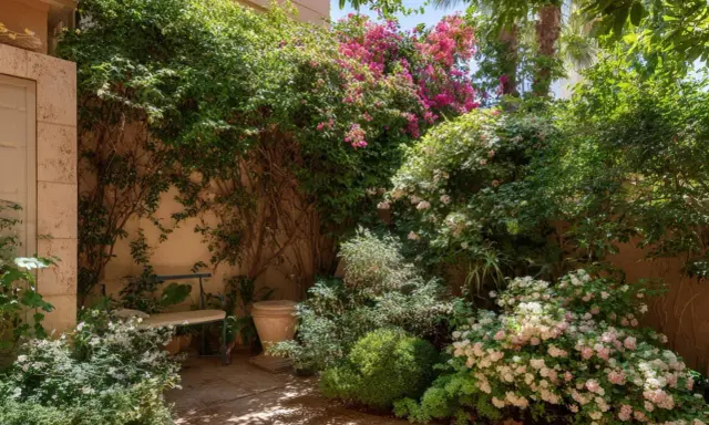 Un patio soleado con exuberantes plantas trepadoras que no ensucian, cubriendo muros y creando un oasis verde con flores rosas y blancas.
