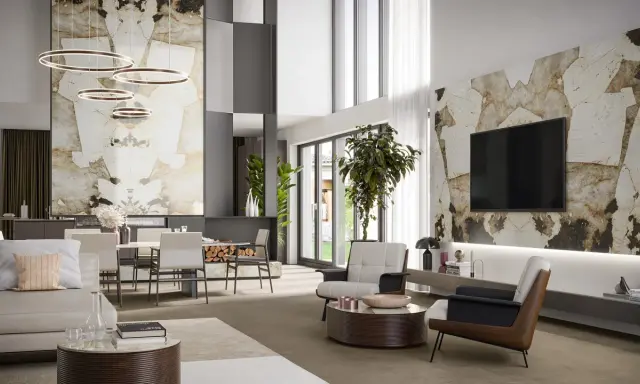 Un elegante salotto e sala da pranzo insieme, con pareti in pietra naturale e illuminazione moderna.