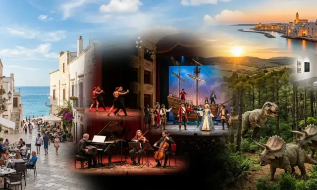 Eventi stasera in Puglia: balli, teatro, concerti, mostre e dinosauri in un collage di divertimento e cultura.