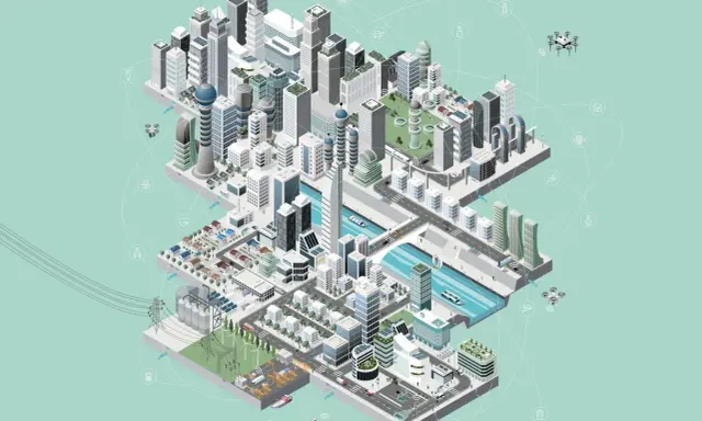 Vernetzte Gebäude, Drohnen und autonome Fahrzeuge illustrieren, was sind smart cities: eine Stadt der Zukunft.