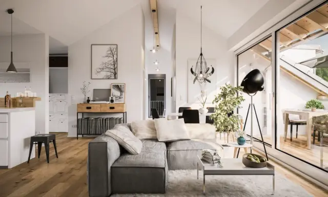 Un salon lumineux et spacieux, parfait pour **rénover mon appartement**. Canapé gris, parquet, et une grande baie vitrée donnant sur une terrasse.