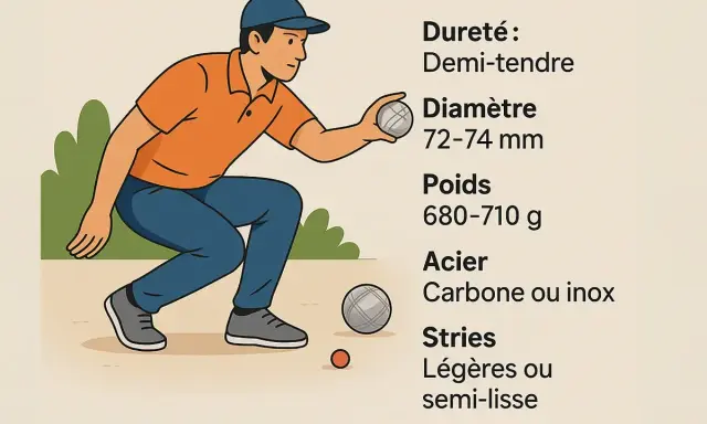 Un joueur de pétanque lance une boule. Que faire si la boule de pétanque qui glisse ? Informations sur la dureté, le diamètre, le poids, l'acier et les stries.