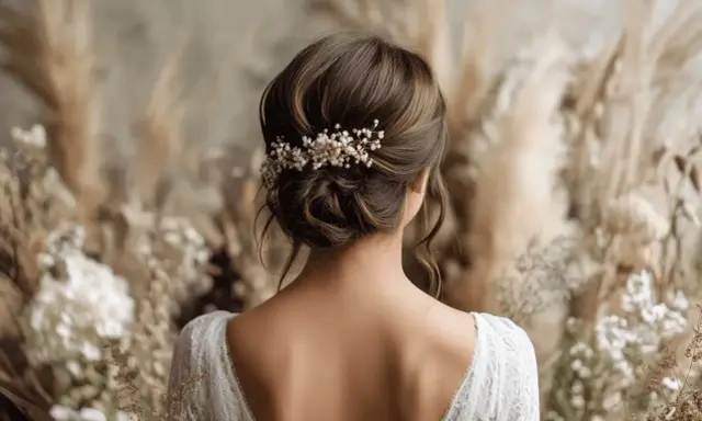 Elegante peinado de novia con un recogido bajo adornado con delicadas flores blancas. El vestido de encaje y el fondo de pampas completan el look nupcial.