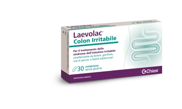 Confezione Laevolac Colon Irritabile, 30 compresse senza glutine, per il trattamento della sindrome dell'intestino irritabile. Contiene mebeverina cloridrato.