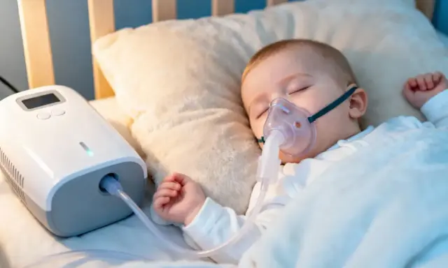 Śpiące dziecko z maską inhalacyjną podłączoną do nebulizatora. Dziecko przechodzi inhalacje z sody oczyszczonej, by ulżyć mu w oddychaniu.
