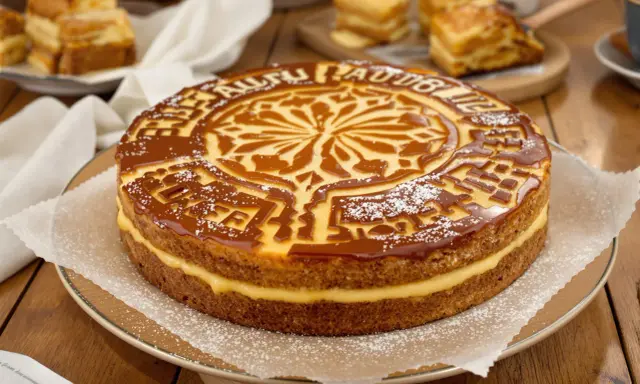 Gâteau basque à la crème, un délice doré avec un motif caramel et une garniture onctueuse. Parfait pour un goûter gourmand.