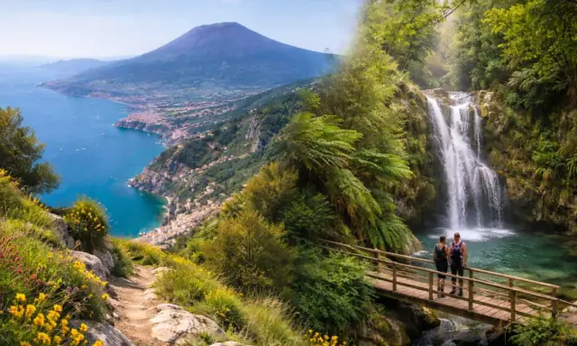 Sentiero costiera amalfitana: vista panoramica sul golfo con il Vesuvio e una cascata nascosta tra la vegetazione.
