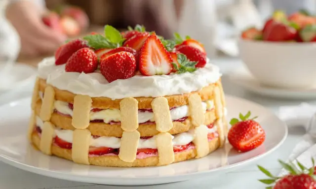 Charlotte aux fraises et crème pâtissière, un délice estival garni de fruits frais et de chantilly.