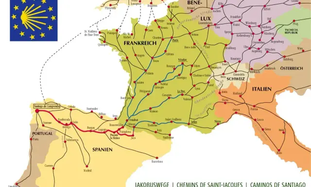 Mapa szlaków pielgrzymkowych do Santiago de Compostela. Wiele tras prowadzi przez Francję, Hiszpanię i Portugalię, zachęcając do **chodzenia po górach**.
