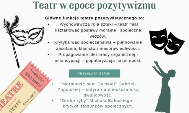 Teatr w epoce pozytywizmu: wychowanie, krytyka społeczeństwa i propagowanie idei. Lektury takie jak "Moralność pani Dulskiej" to przykłady.