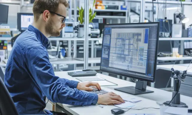 Un disegnatore CAD lavora al computer, creando schemi complessi.