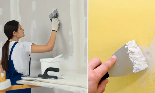 En kvinna spacklar en vägg med spackel och en bred spackelspade. En annan bild visar en hand som spacklar en gul vägg.
