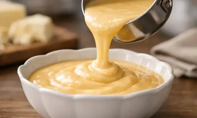 Une louche verse une sauce onctueuse et dorée dans un bol blanc. C'est la sauce au langres, prête à être dégustée.