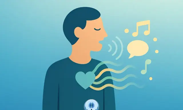 Uomo che parla, con un cuore che pulsa e onde che si propagano, simboleggiando il bisogno di liberare le emozioni attraverso la voce e la musica.