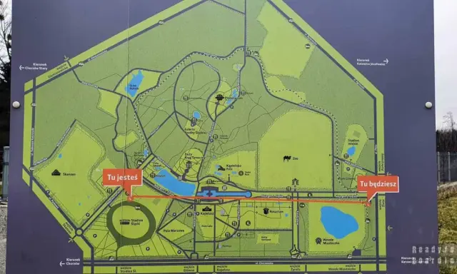 Mapa Parku Śląskiego z zaznaczonymi atrakcjami: Zoo, Planetarium, Stadion Śląski, Rosarium, Wesołe Miasteczko. Tu jesteś i Tu będziesz wskazują drogę.