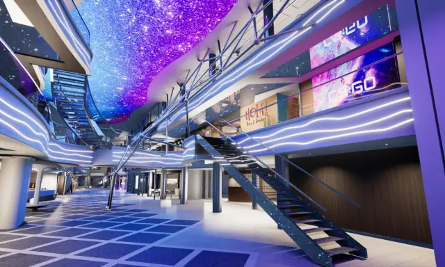 Interni moderni di una nave MSC in Europa, con soffitto a LED stellato e luci al neon.
