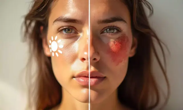 Visage divisé : d'un côté, une peau saine avec un soleil dessiné, de l'autre, une rougeur intense, signe d'une irritation peau causée par frottement.