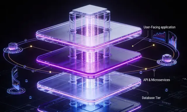Architecture logicielle en couches, illustrant l'hébergement SaaS avec une application utilisateur, des microservices et une base de données.