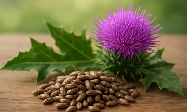 Fleur de chardon-marie violette et graines sur fond boisé. Une image évoquant la cure chardon marie et ses bienfaits naturels.