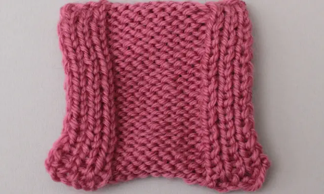 En stickad provlapp i rosa garn, med en vriden maska längs kanterna som ger en vågig effekt.