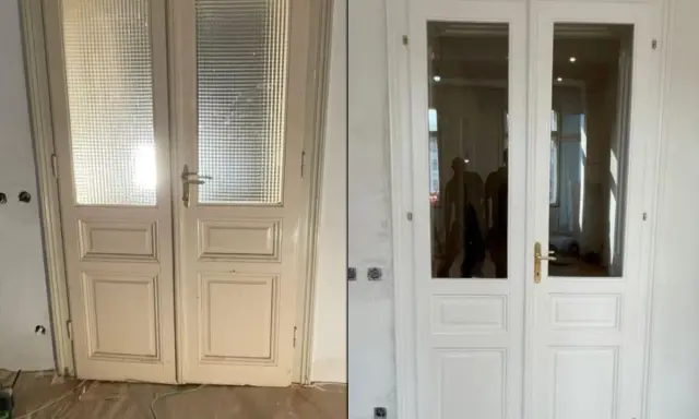 Puertas pintadas interior, antes y después. Las puertas de madera con vidrio esmerilado se transformaron en unas elegantes puertas blancas con vidrio transparente.