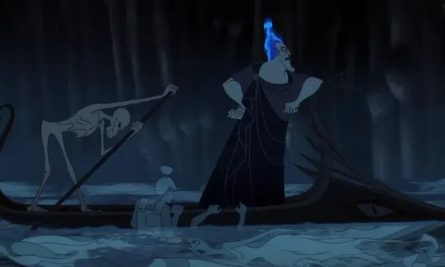 Hades, Herrscher der Unterwelt der griechischen Sage, steht auf einem Boot, während Charon rudert. Geister treiben im Wasser.