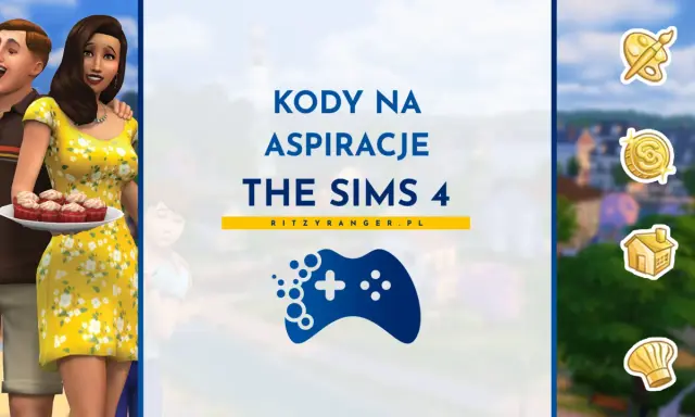 Kody na aspiracje The Sims 4. Uśmiechnięci Simowie z babeczkami, ikony gry i tło z miasteczkiem.