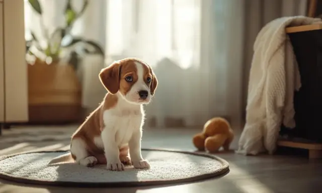 Un chiot adorable assis sur un tapis, se demandant à quel âge un chien est propre.
